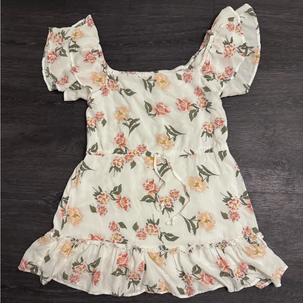 🌺 MINK PINK Cream and Pink Ruffled Sundress Floral with Flutter Sleeves Small